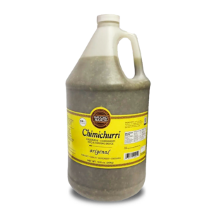 A gallon jug of Gaucho Ranch Chimichurri sauce labeled 'Original.' The jug contains a greenish-brown marinade and condiment made with parsley, garlic, rosemary, and oregano.