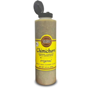 A bottle of Gaucho Ranch Chimichurri sauce, featuring a yellow label that highlights its original flavor.