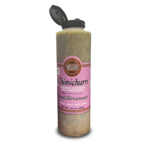 A bottle of Gaucho Ranch Chimichurri sauce labeled as 'Mediterranean.'