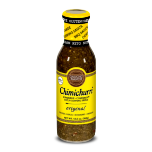 Bottle of Gaucho Ranch Chimichurri marinade, labeled as original flavor, suitable for BBQ and dipping, featuring ingredients like parsley, garlic, rosemary, and oregano, net weight 12.5 oz.