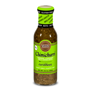 Bottle of Gaucho Ranch Chimichurri marinade, labeled as Caribbean flavor, suitable for BBQ and dipping, featuring ingredients like parsley, garlic, cilantro, and mint.