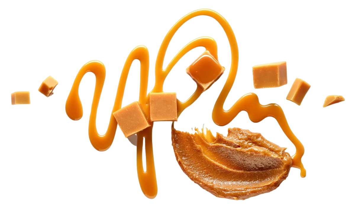 A composition of dulce de leche, featuring a smooth, spreadable caramel texture accompanied by scattered caramel cubes and drizzles of caramel sauce on a white background, creating a rich and tempting visual appeal.